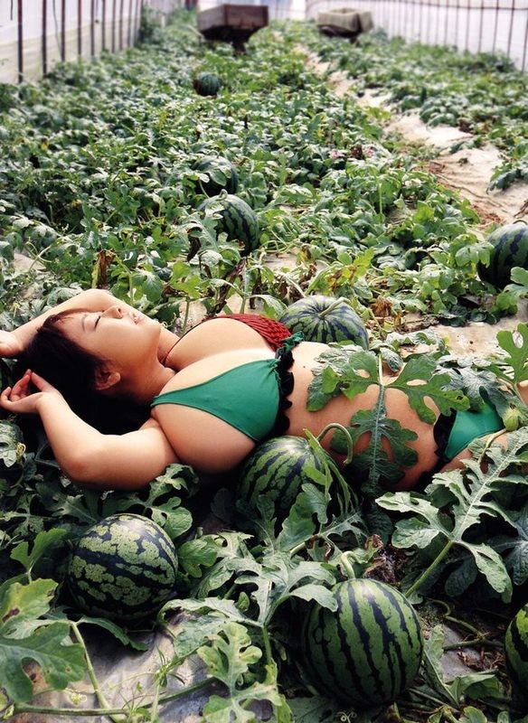 Watermelon Tits - Fuko posing her watermelons tits next to real watermelons!