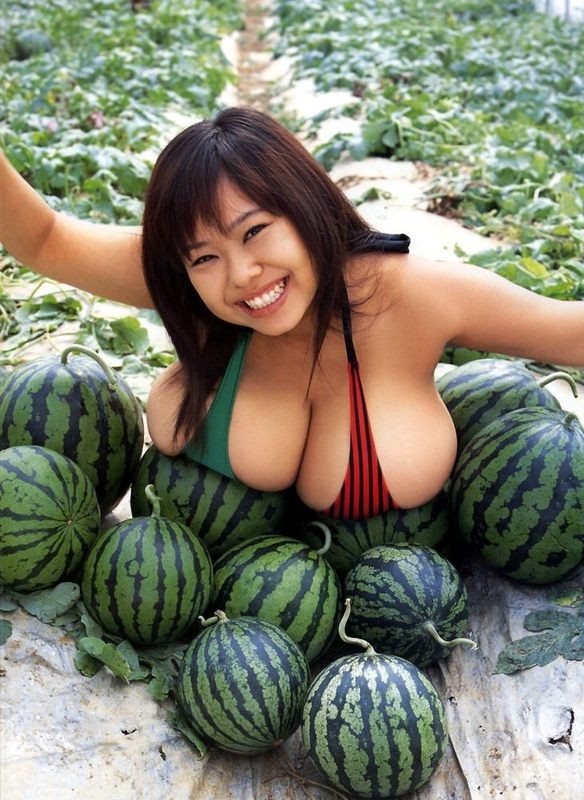 Fuko posing her watermelons tits next to real watermelons!